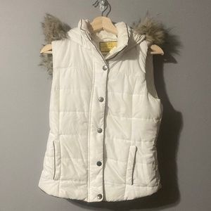 Off white puffy vest with faux fur hood